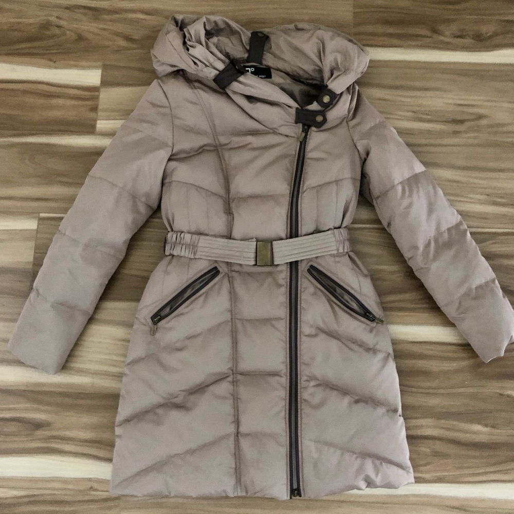 Nine West Down Puffer Jacket Hooded with Belt in Brown Taupe, Size Medium